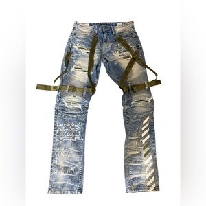 Distressed Blue Jeans with Olive Straps